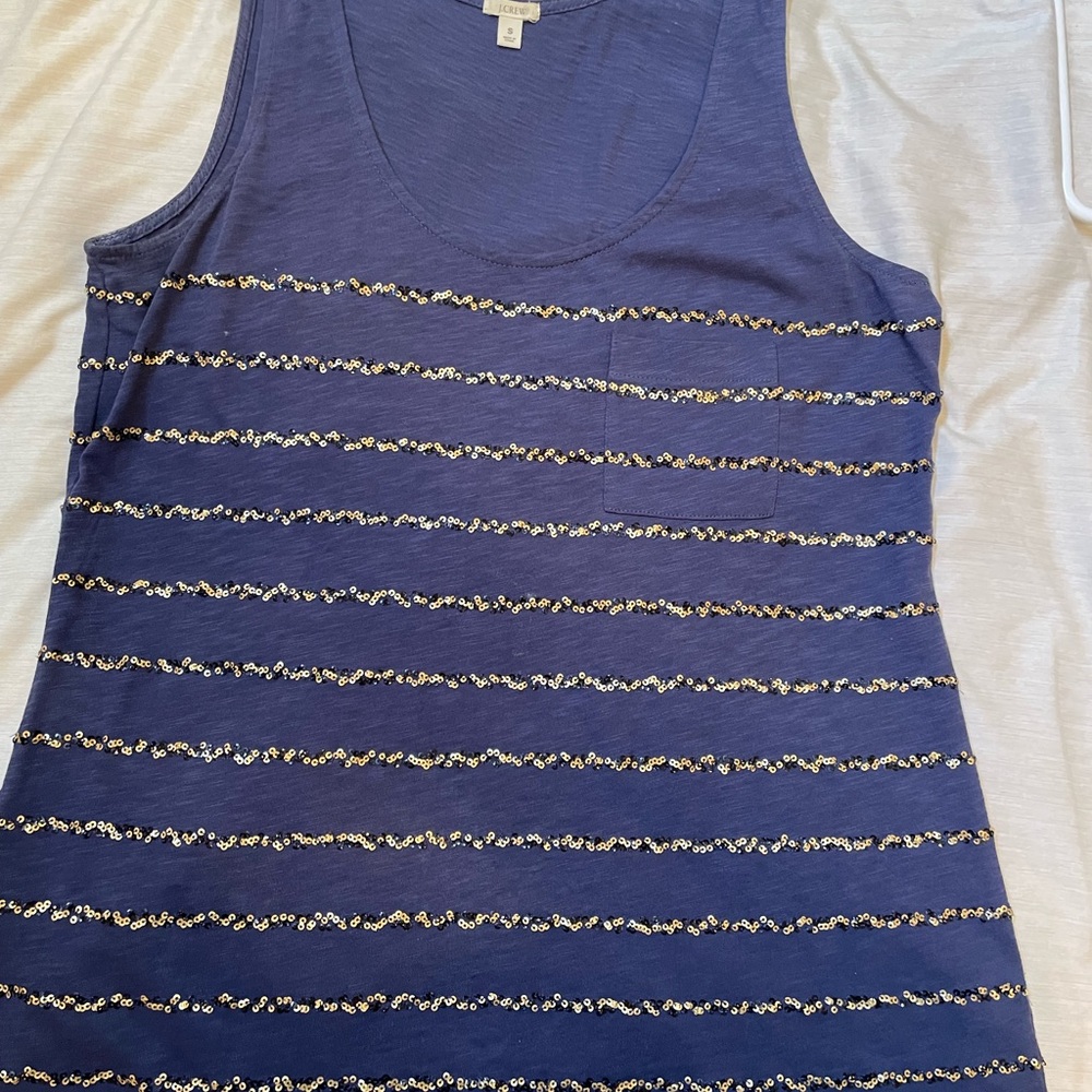 J Crew Navy Blue Tank top with gold sequin stripes. Size S